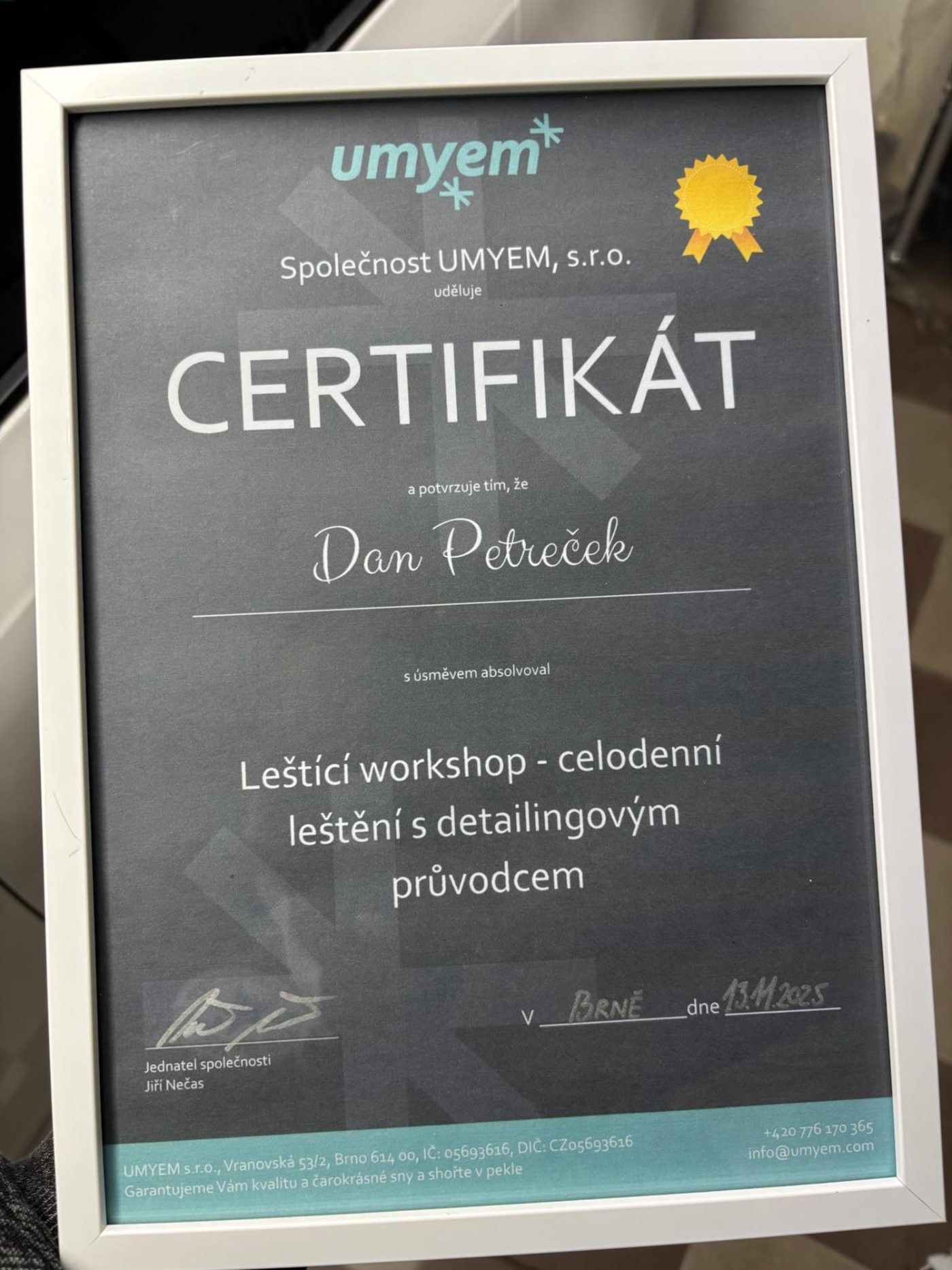 Certifikát UMYEM – leštící workshop, Dan Petreček