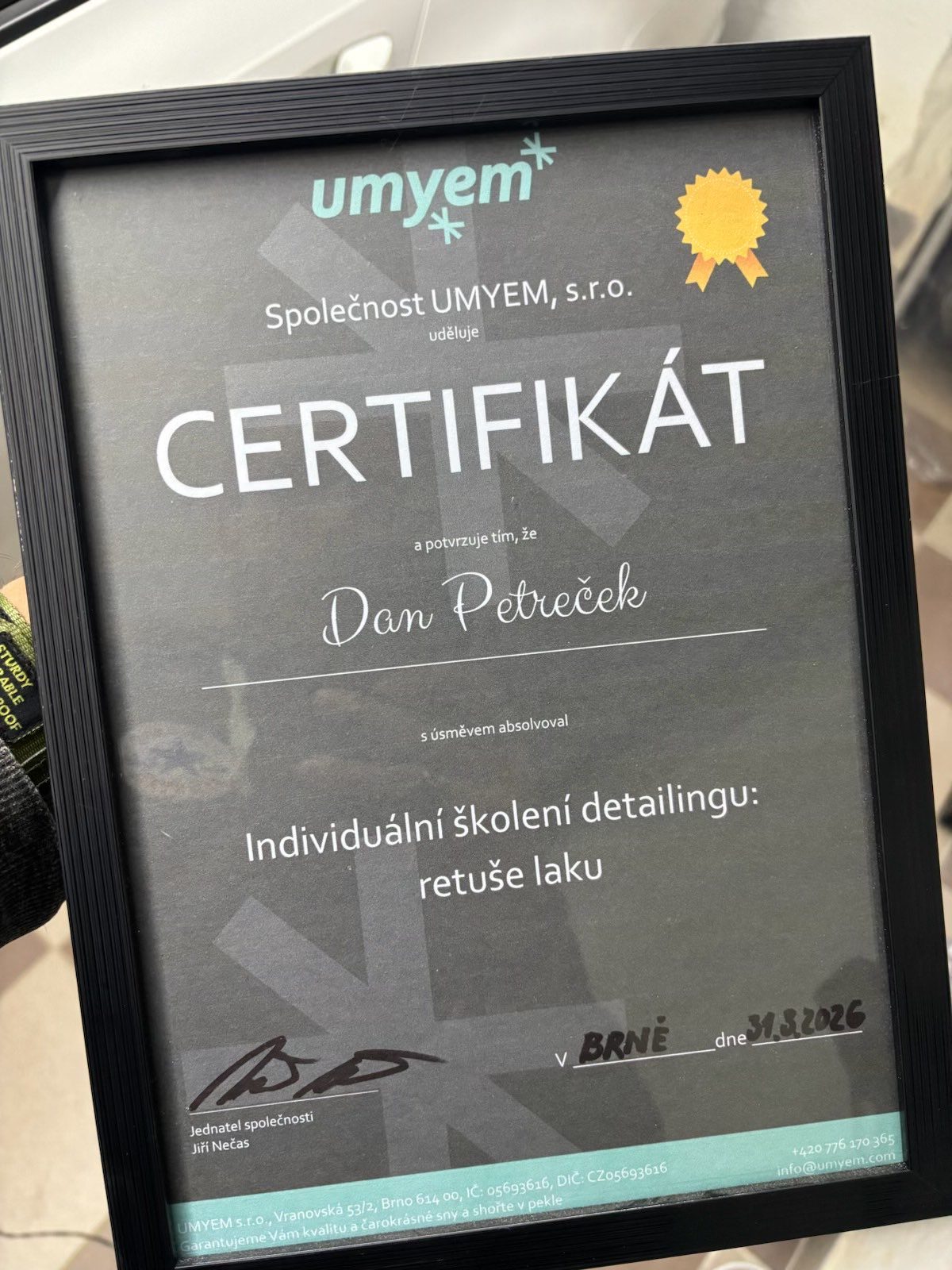 Certifikát UMYEM – individuální školení detailingu, Dan Petreček